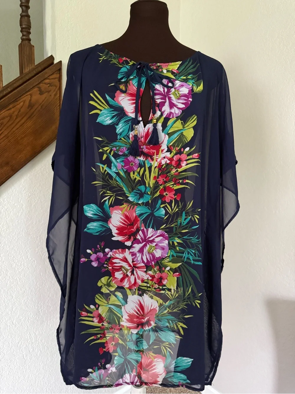 Tommy Bahama Floral Sheer Tunic Cover Up Kaftan S/M Resort Beach Tropical - Picture 2 of 5
